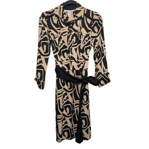 Diane Von Furstenberg 4 Silk Shirt Dress Tan Tie Side 3/4 Long Sleeve DVF Funky